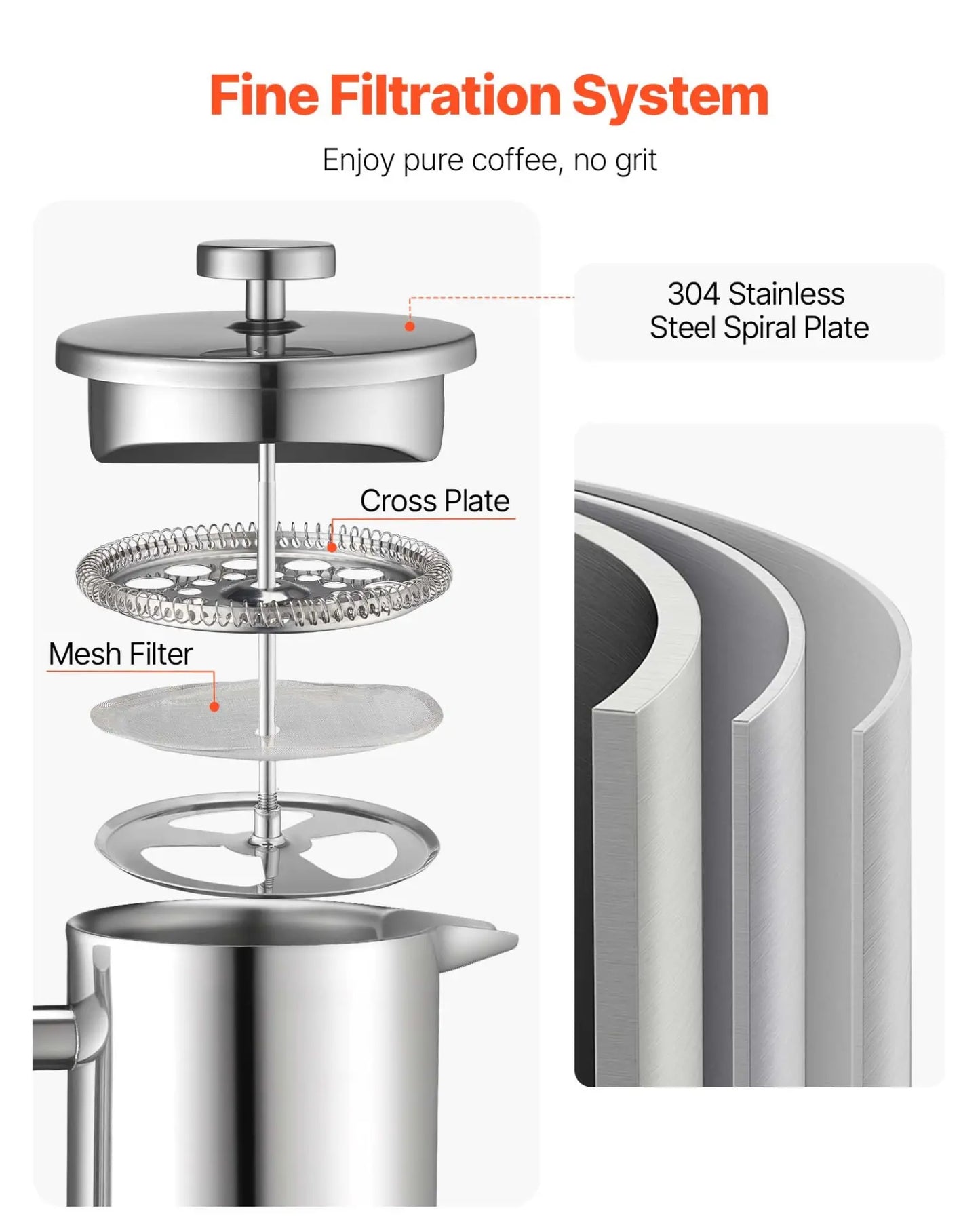 French Press Coffee Maker 34 oz Stainless Steel French Coffee Press Silver