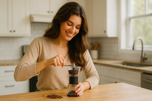 A woman grinds coffe bans with a manual grinder. 