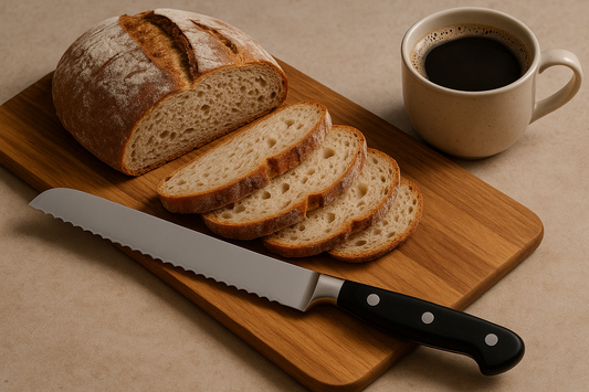 Freshly cut sourdough on a cutting board with a bread knife. 
