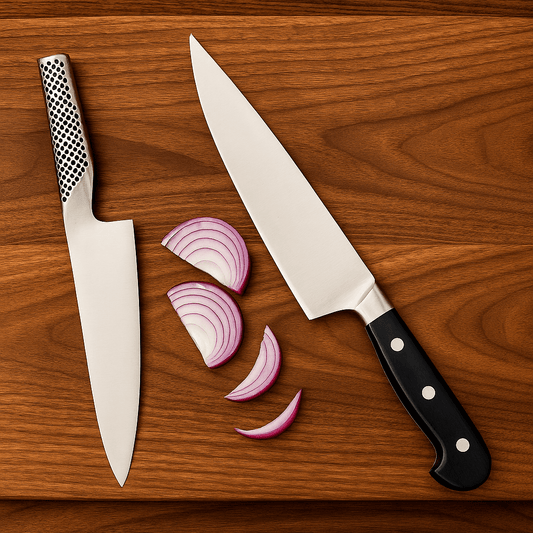A Japanese style chef knife and a German chef's knife lying on a cutting board
