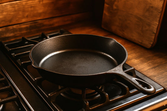 Cast iron skillet on a gas stovetop.
