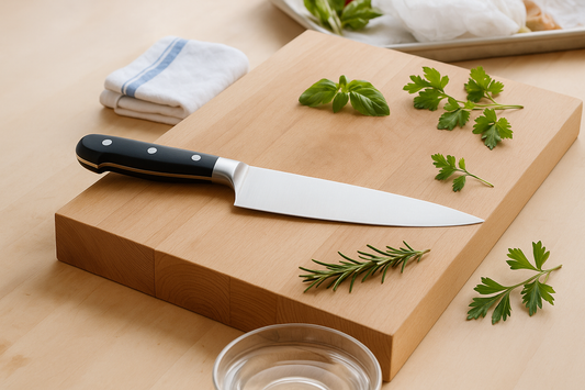 knife on cutting board with herbs