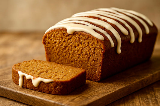 Pumpkin bread with cream cheese glaze on a wooden cutting board.