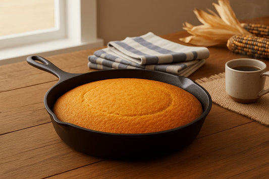 Cornbread in a cast iron skillet on a wooden table.