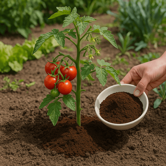 Used coffee grounds spread at the base of a tomato plant