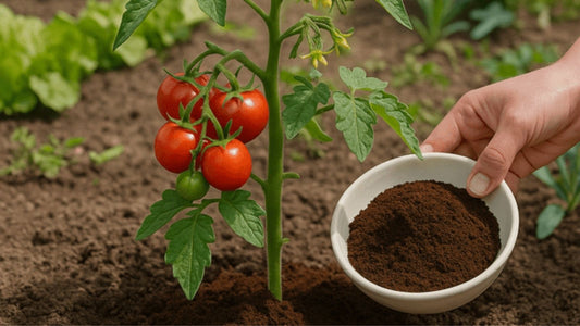 Used coffe grounds in a bowl near the base of a tomato plant.