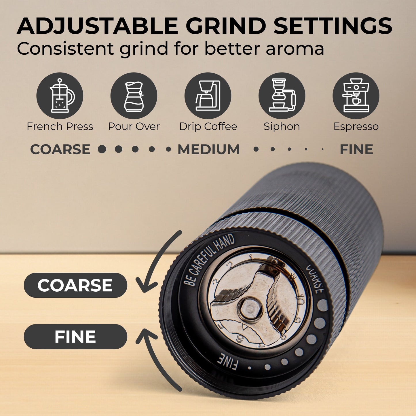 Adjustable coffee grinder with grind settings for different brewing methods on a wooden surface.