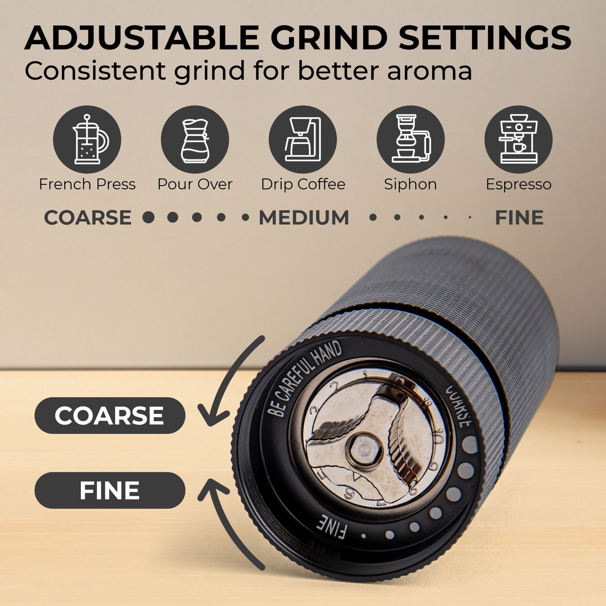 Adjustable coffee grinder with grind settings for different brewing methods on a wooden surface.
