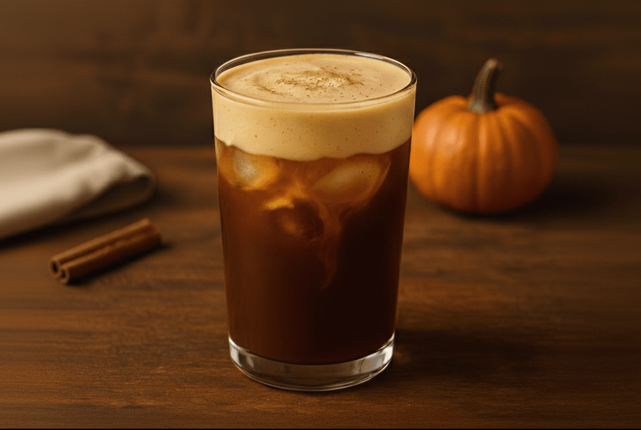 Glass of iced coffee with a pumpkin and cinnamon stick on a wooden surface